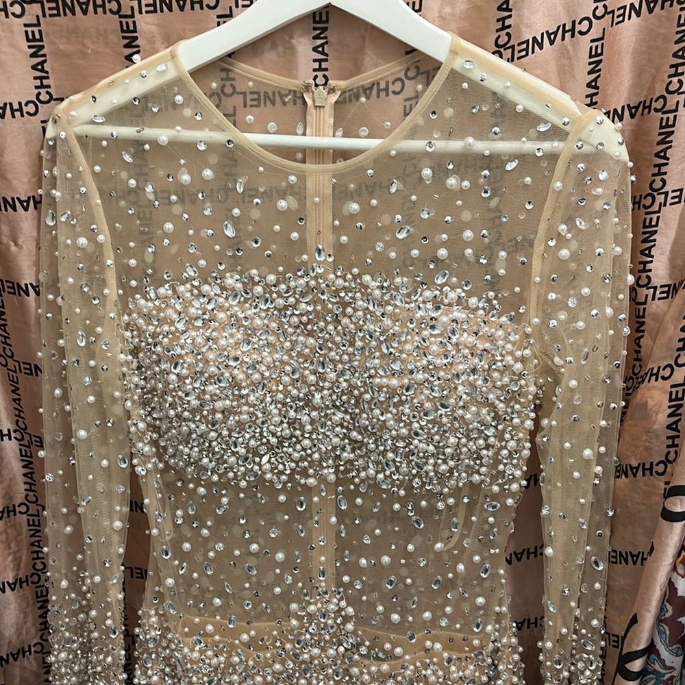 Pearl and crystal stones nude dress